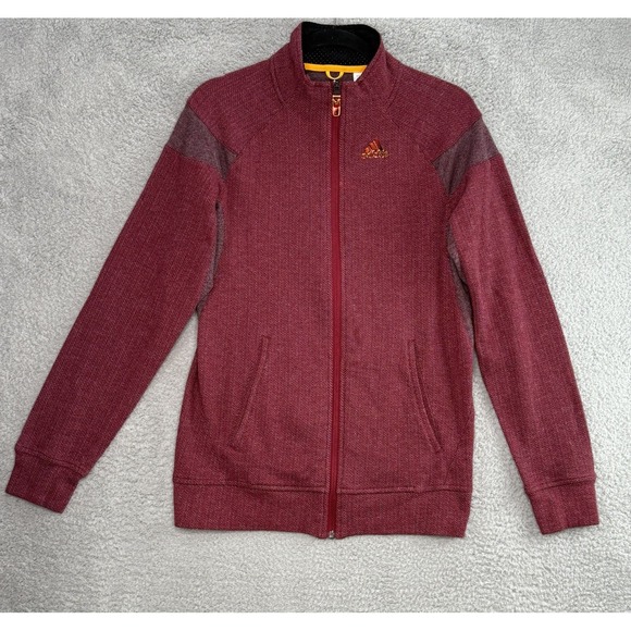 adidas Other - Adidas Men's Full‎ Zip Fleece Track Jacket Maroon Red 3 Stripe Orange Logo Small